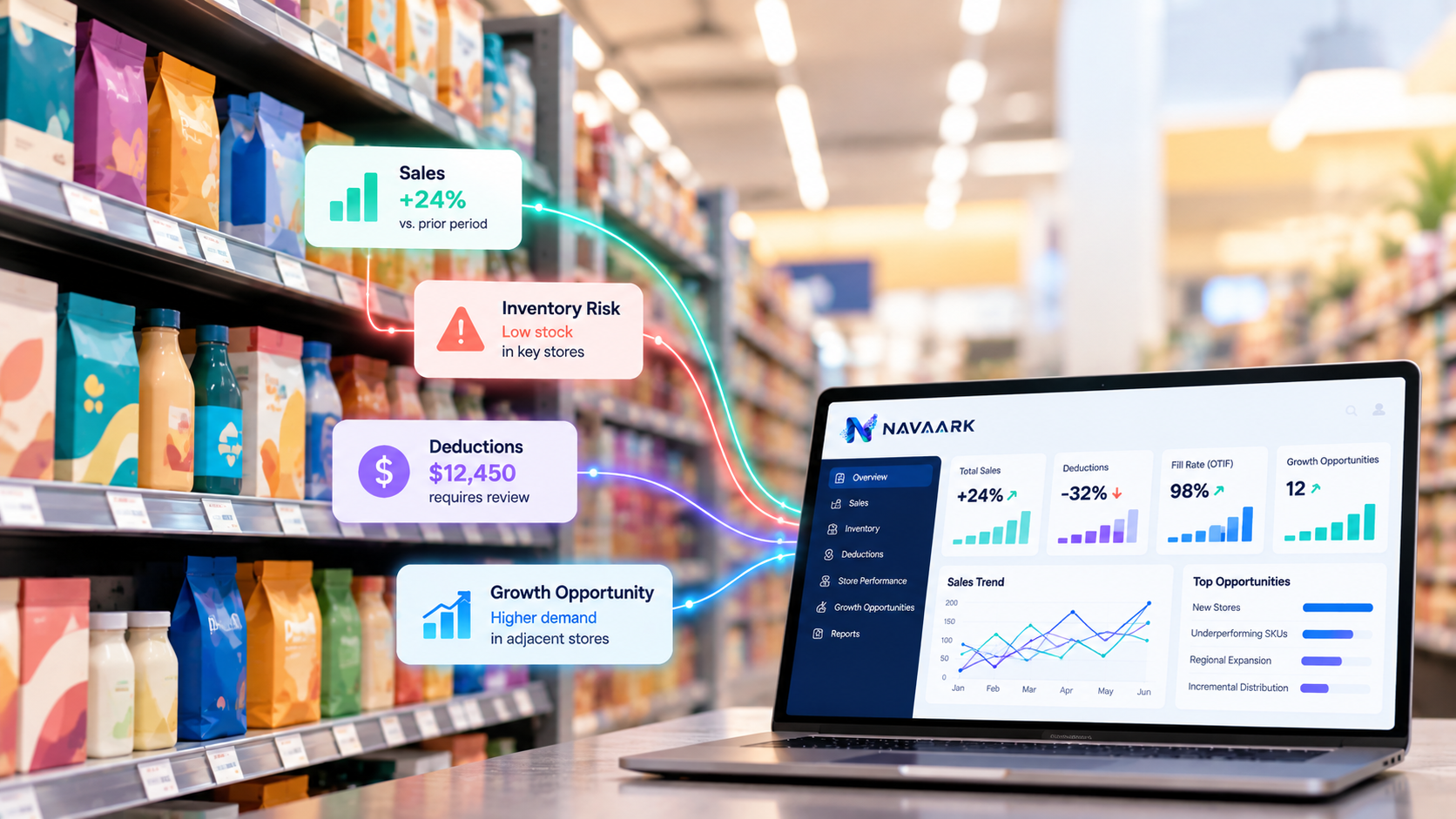 Navaark retail analytics connecting sales, inventory, deductions and growth signals to actionable insights.